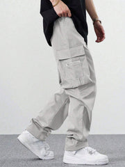 Fitwala™ Light Grey Utility Cargo Pants – Multi-Pocket Korean Streetwear Style