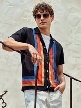 Men's Geometric Stripe Short Sleeve Button-Up Shirt with Inner White Tee – Retro Colorblock Design