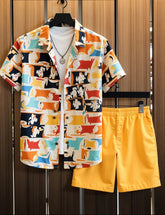 Men's Abstract Print Shirt and Yellow Shorts Set – Vibrant Summer Streetwear Outfit