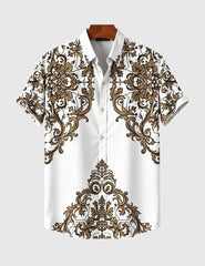 Regal Baroque Bloom Shirt – Golden Ornate Print on Classic White