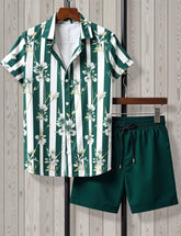 Men's Green Striped Floral Shirt & Shorts Set – Casual Summer Two-Piece Outfit