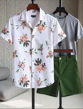 Men's Floral Print Shirt & Green Shorts Set – Casual Summer Vacation Outfit