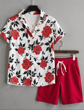 Men's Red Rose Floral Print Shirt & Shorts Set – Casual Summer 2-Piece Outfit