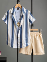 Men's Blue & White Vertical Stripe Shirt with Beige Shorts – Casual Summer Outfit Set