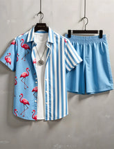 Men's Flamingo Print & Striped Shirt with Shorts Set – Fun Tropical Summer Outfit
