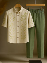 Botanical Co-ord Set – Minimalist Leaf Shirt & Ribbed Olive Trousers