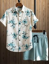 Men's Light Blue Floral Print Shirt & Shorts Set – Casual Summer Beachwear 2-Piece Outfit