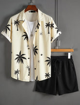 Men's Palm Tree Print Shirt & Black Shorts Set – Tropical Summer Beach Outfit