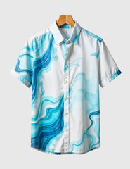 Ocean Drift Men's Abstract Wave Shirt – Cool Blue Swirl Print on White