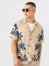 Desert Bloom Shirt – Beige Canvas with Midnight Blue Botanical Design