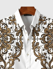 Regal Baroque Bloom Shirt – Golden Ornate Print on Classic White