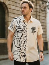 Men's Artistic Face Print Short Sleeve Shirt with Rose Detail – Cream & Black