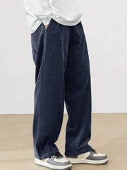 Navy Blue Korean Casual Regular Fit Corduroy Trouser