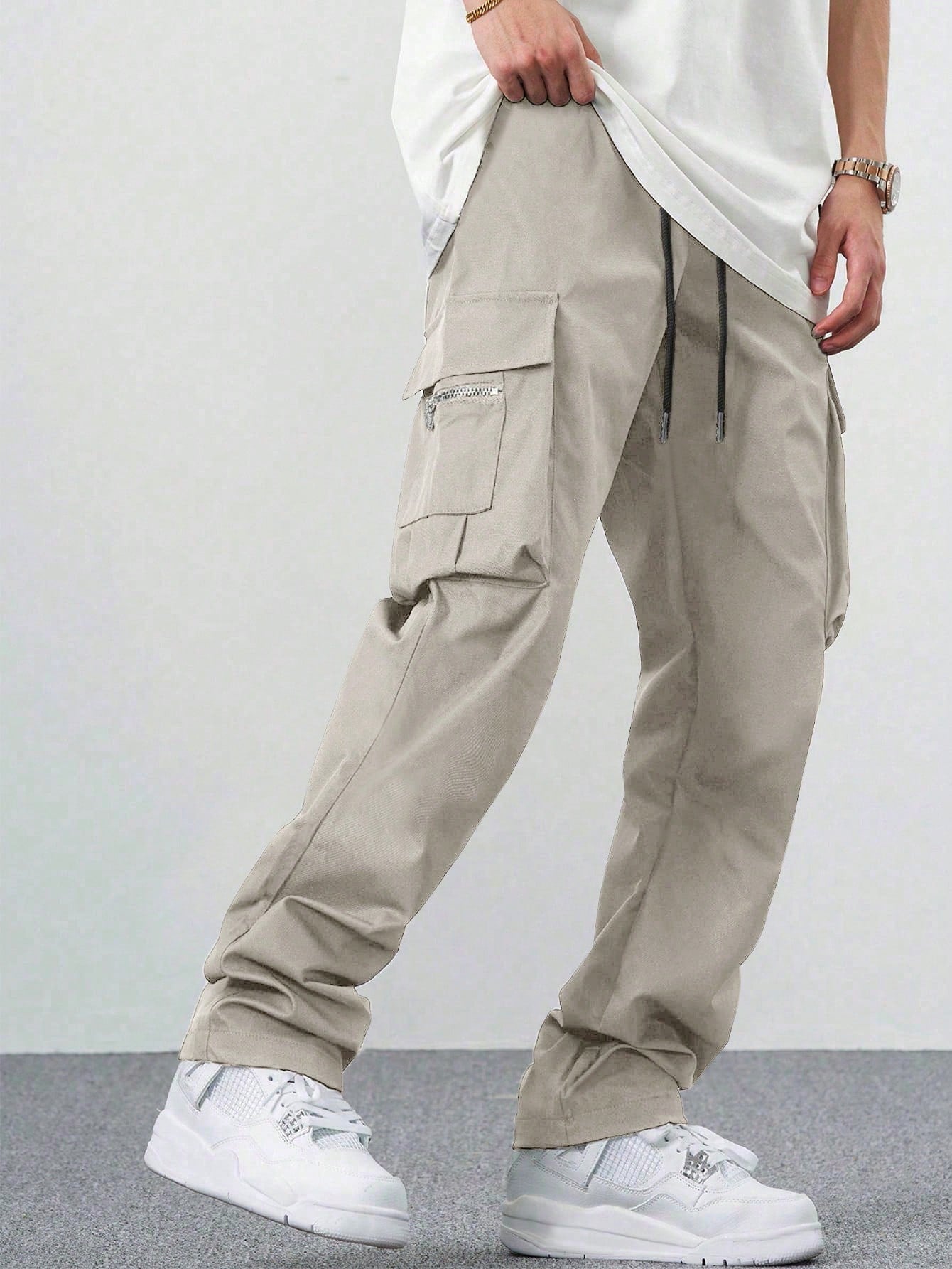 Fitwala™ Beige Utility Cargo Pants – Multi-Pocket Korean Streetwear Style