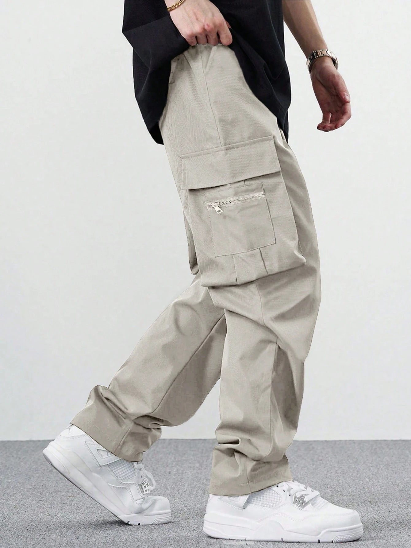 Fitwala™ Beige Utility Cargo Pants – Multi-Pocket Korean Streetwear Style