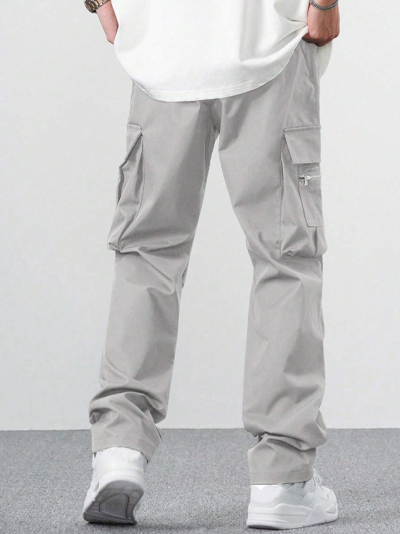 Fitwala™ Light Grey Utility Cargo Pants – Multi-Pocket Korean Streetwear Style