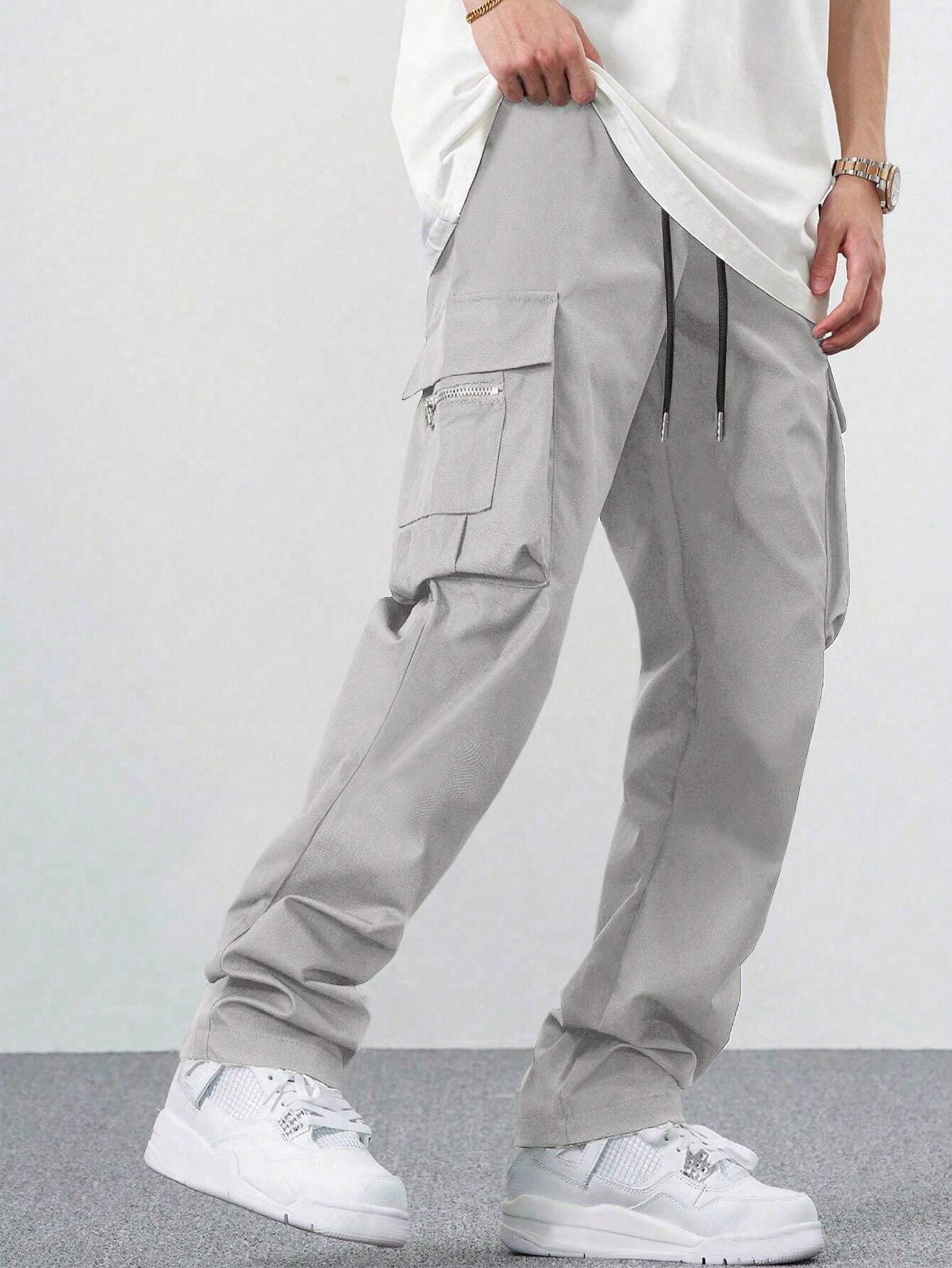Fitwala™ Light Grey Utility Cargo Pants – Multi-Pocket Korean Streetwear Style