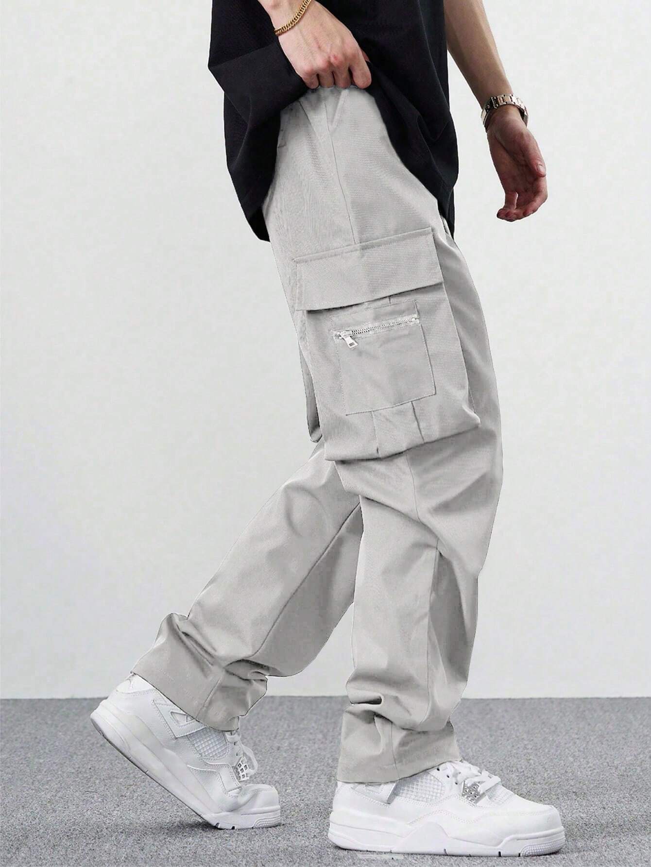 Fitwala™ Light Grey Utility Cargo Pants – Multi-Pocket Korean Streetwear Style