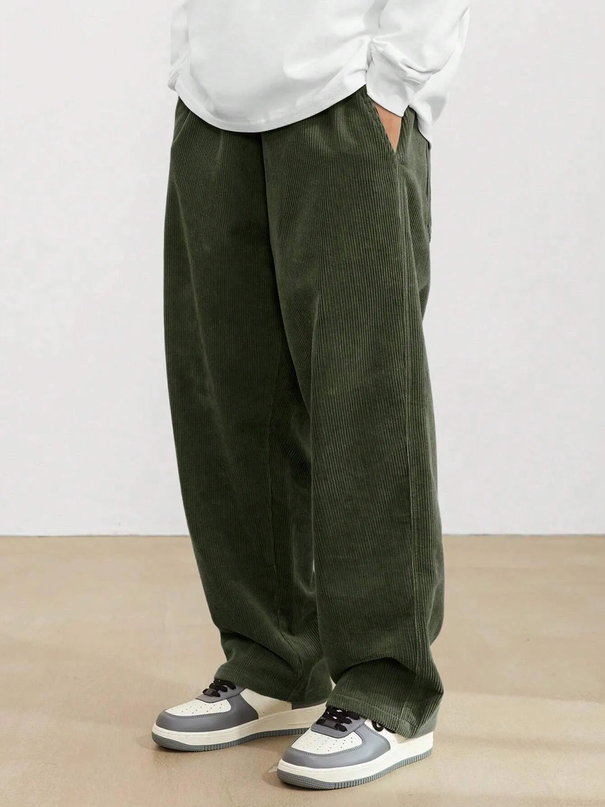 Army Green Korean Casual Regular Fit Corduroy Trouser