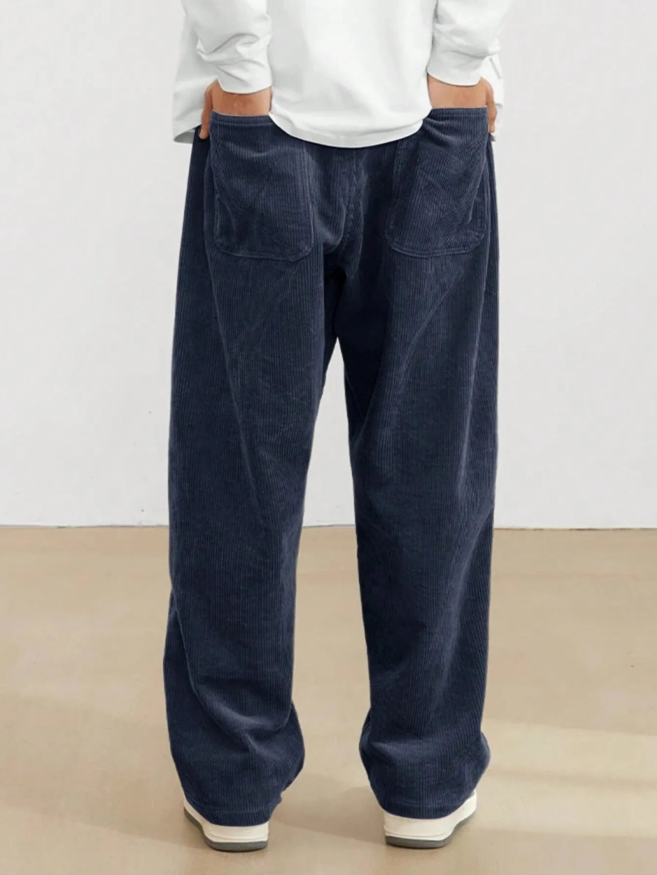 Navy Blue Korean Casual Regular Fit Corduroy Trouser