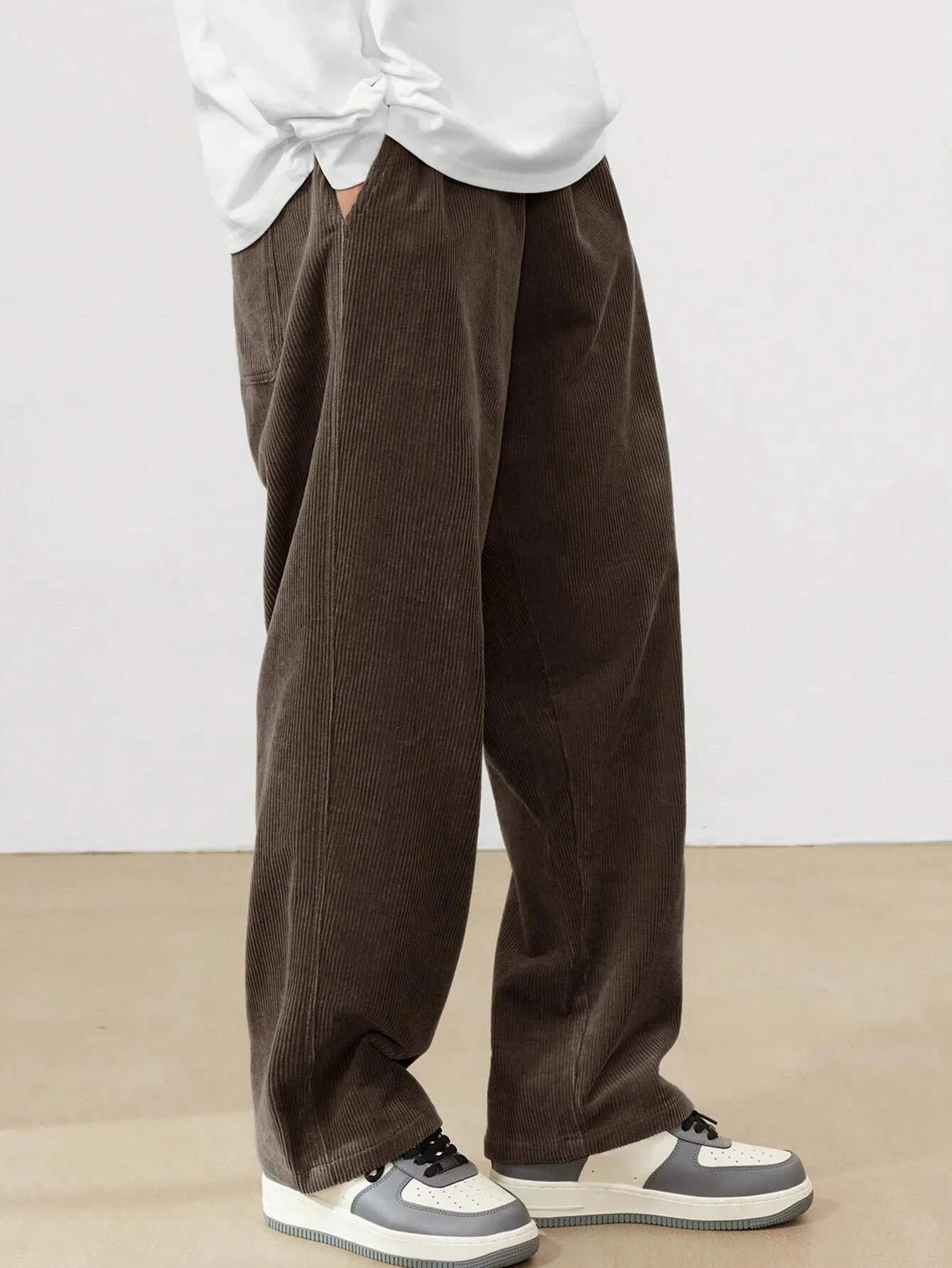 Coffee Brown Korean Casual Regular Fit Corduroy Trouser