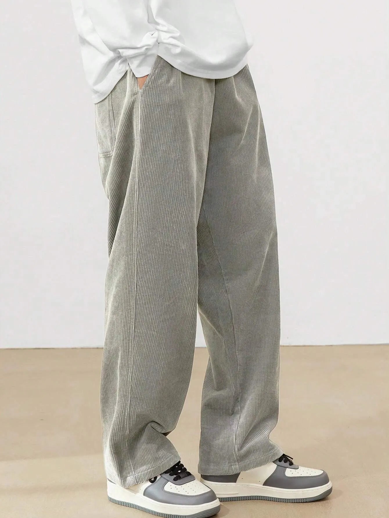 Light Grey Korean Casual Regular Fit Corduroy Trouser