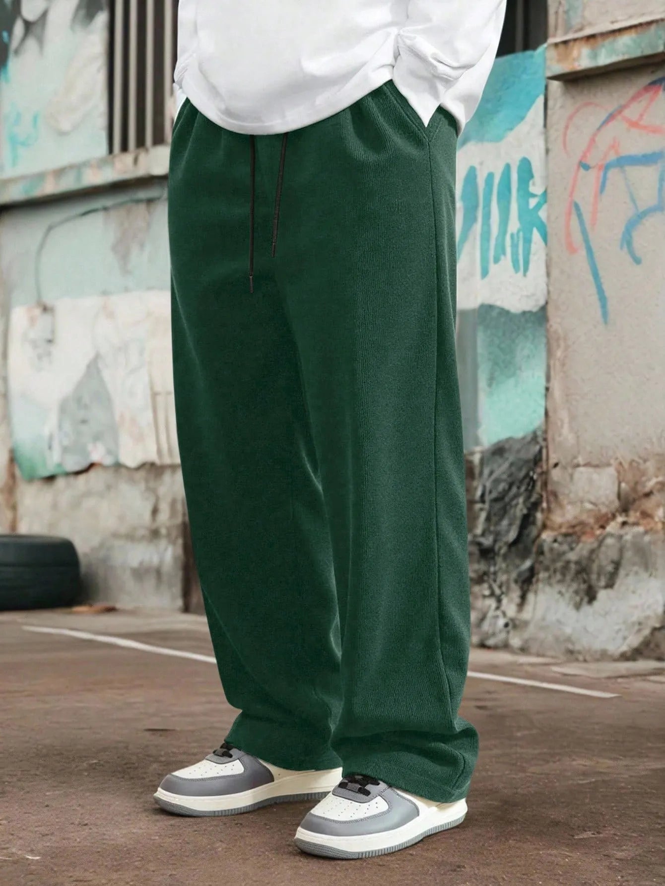 Green Korean Casual Regular Fit Corduroy Trouser