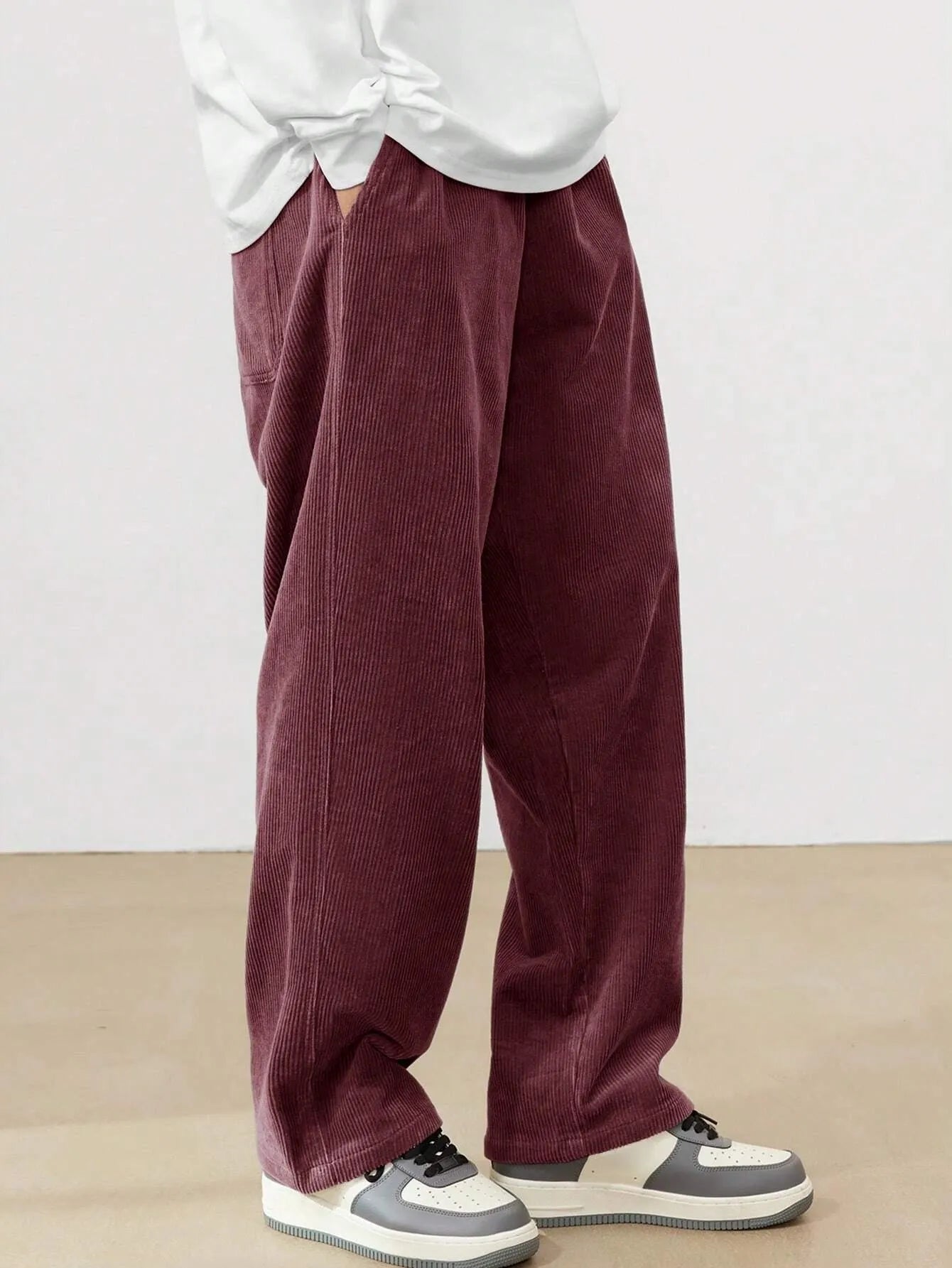 Burgundy Korean Casual Regular Fit Corduroy Trouser