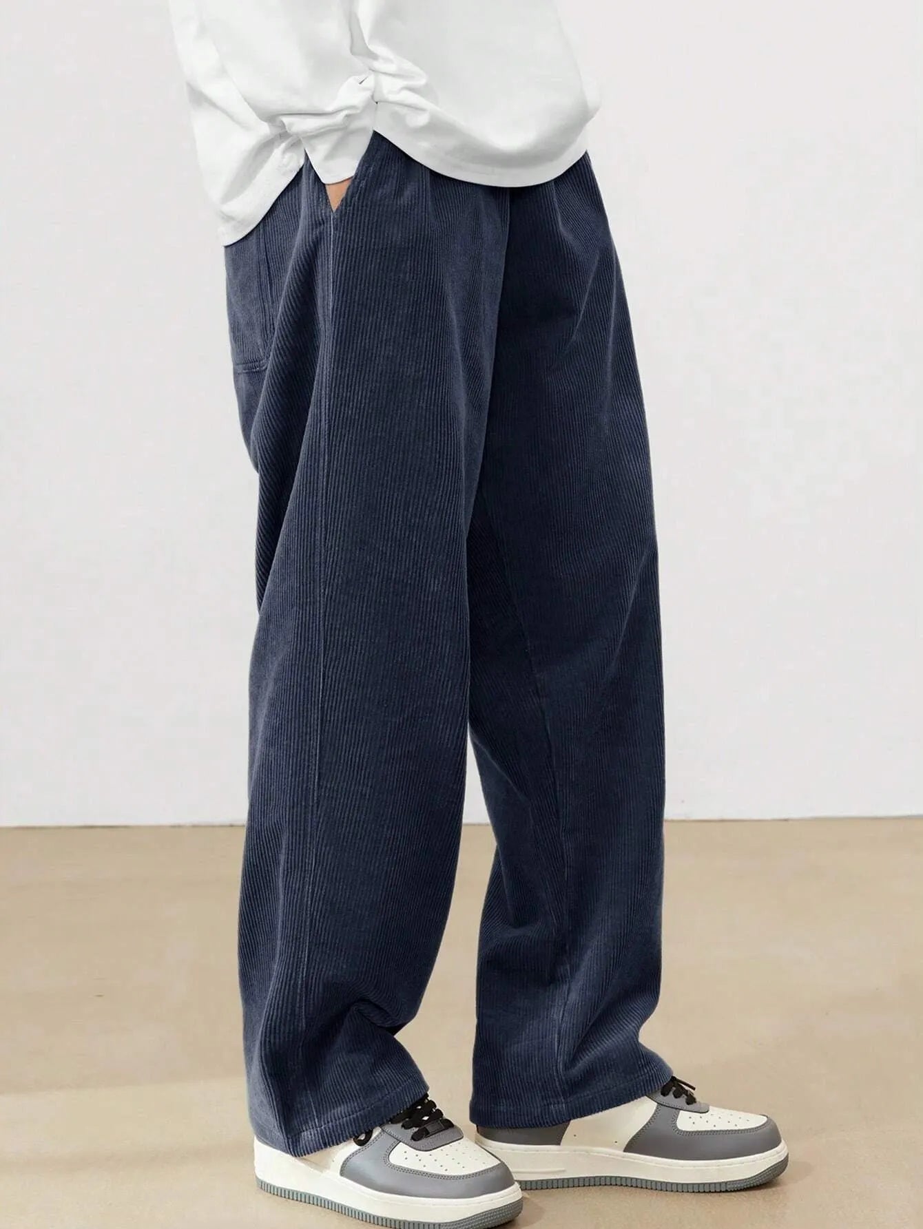 Navy Blue Korean Casual Regular Fit Corduroy Trouser