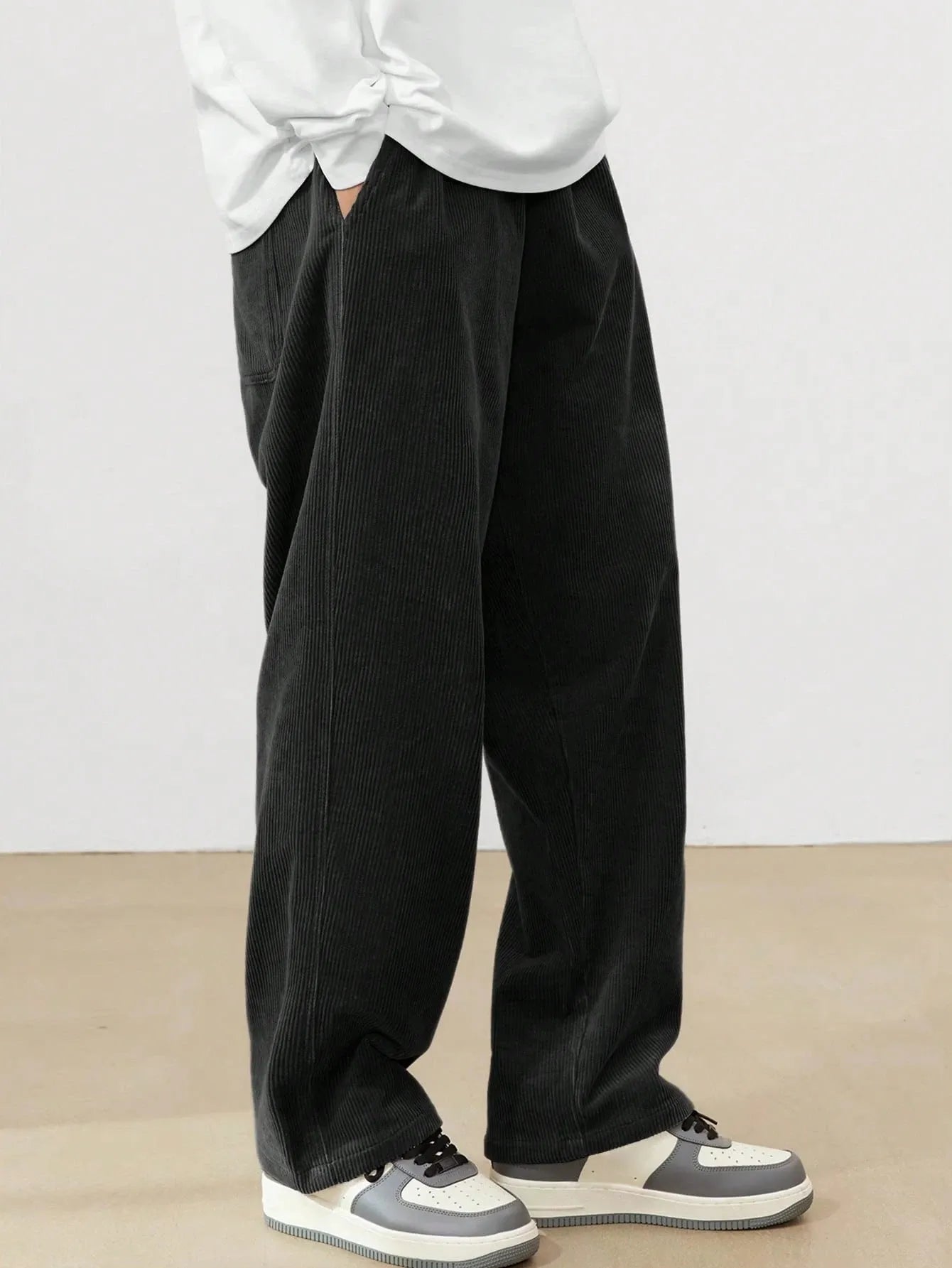 Black Korean Casual Regular Fit Corduroy Trouser