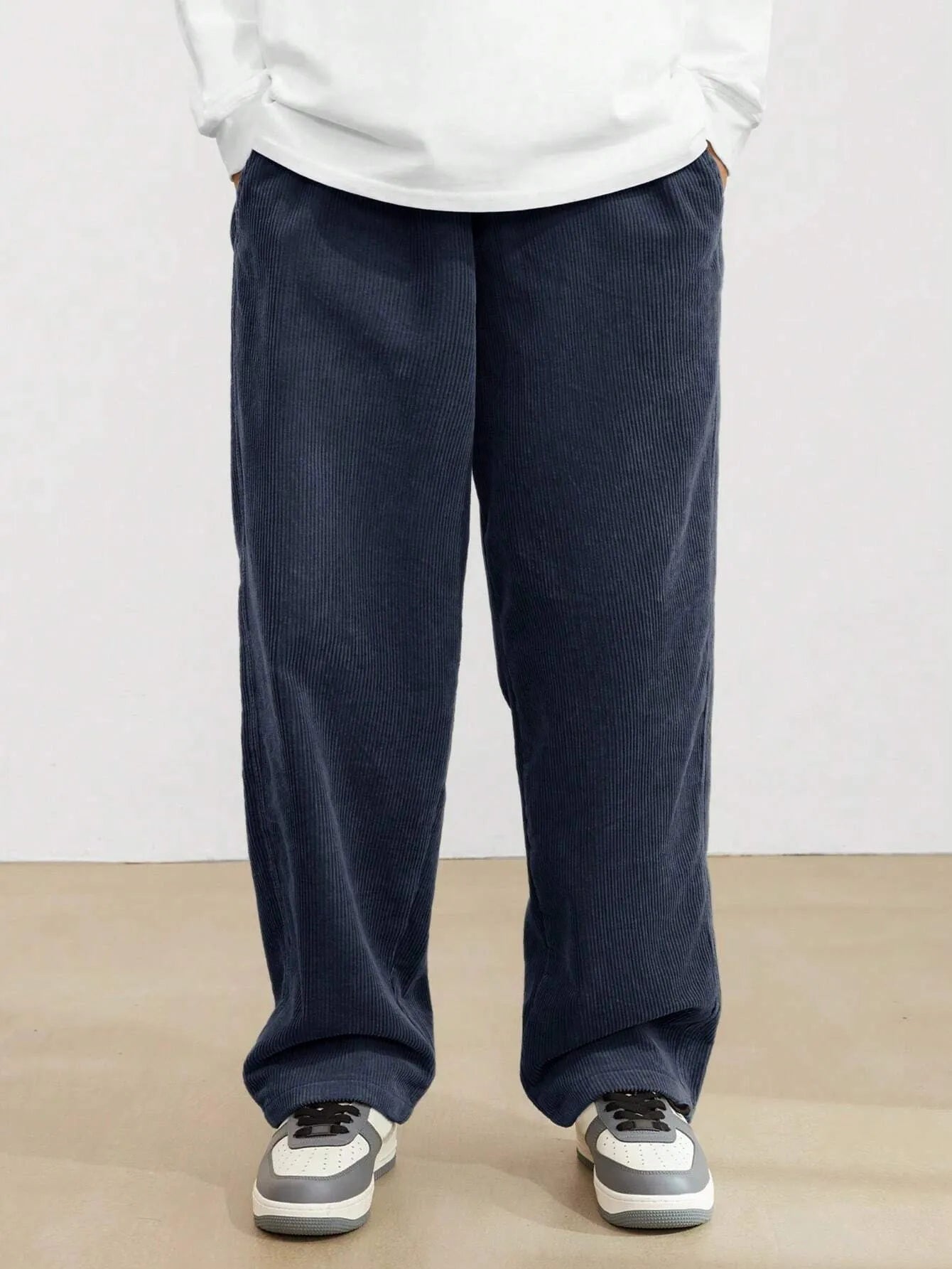 Navy Blue Korean Casual Regular Fit Corduroy Trouser