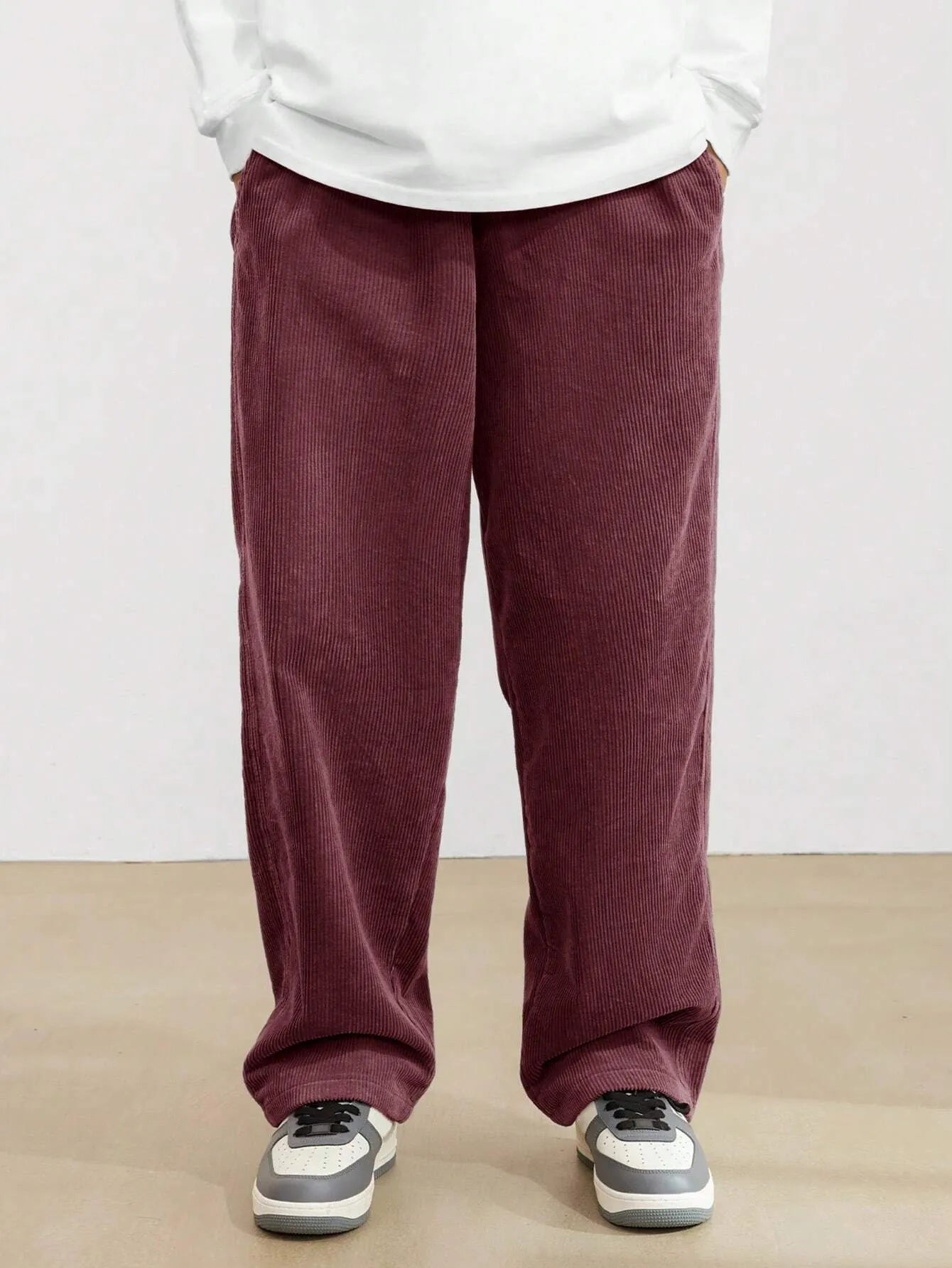 Burgundy Korean Casual Regular Fit Corduroy Trouser