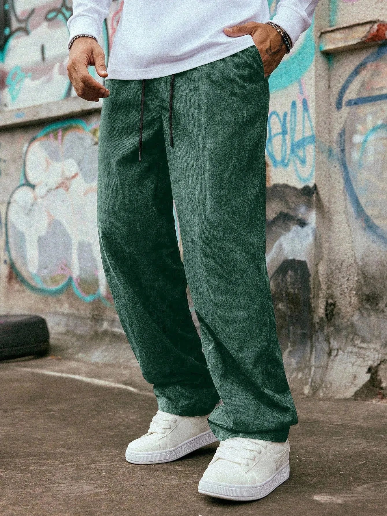Green Korean Casual Regular Fit Corduroy Trouser