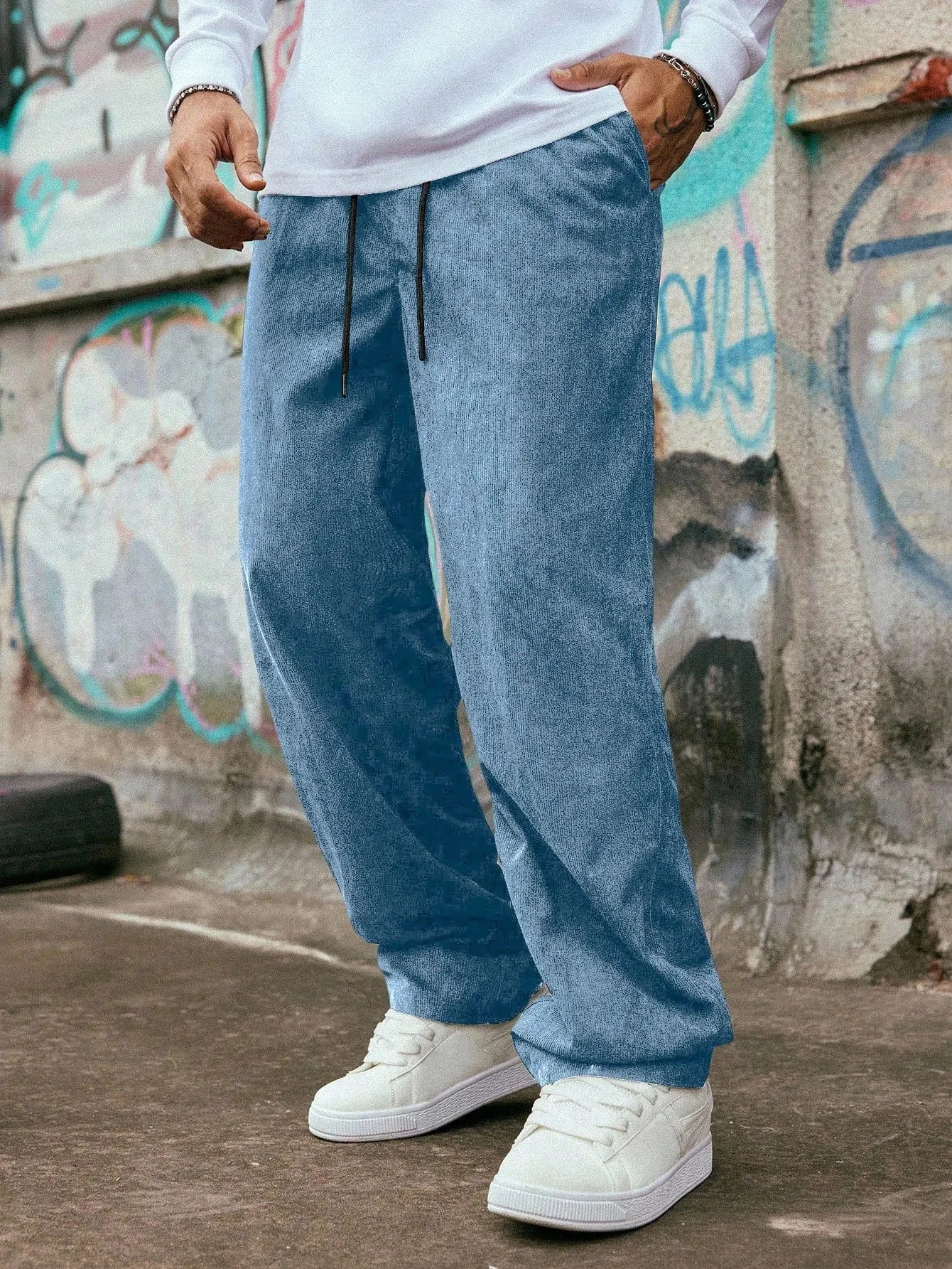 Blue Korean Casual Regular Fit Corduroy Trouser