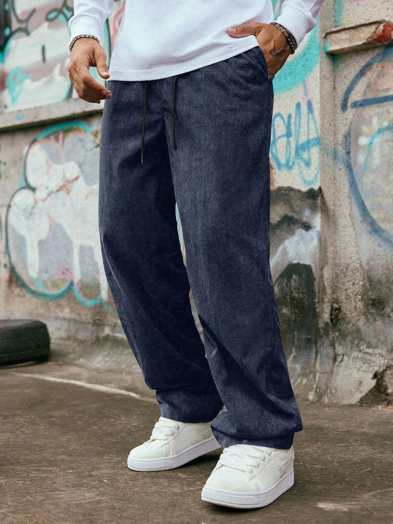 Dark Blue Korean Casual Regular Fit Corduroy Trouser